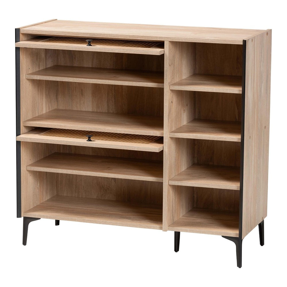 Baxton Studio Baxton Studio Modern Oak Brown Shoe Cabinet with Flipper Doors, Adjustable Shelves & Rattan Accents FP-2405-5005B-Natural/Black-Shoe Cabinet