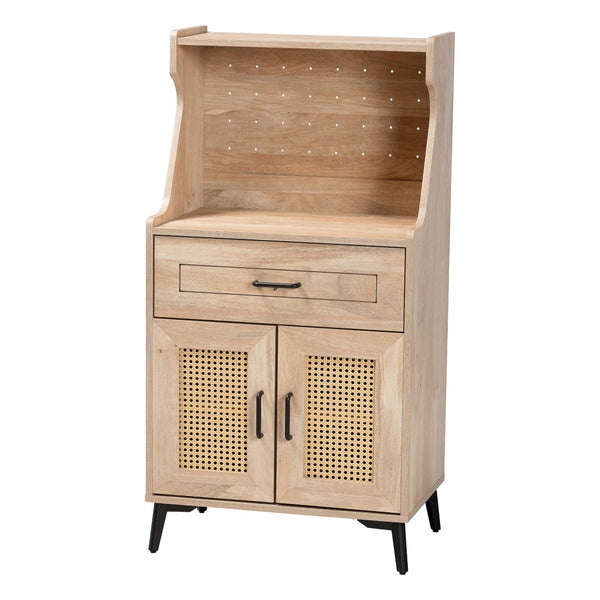 Baxton Studio Baxton Studio Pavone Mid-Century Modern Kitchen Cabinet with Rattan Accents & Stylish Storage Solutions FP-2402-2001B-Natural/Black-Kitchen Cabinet