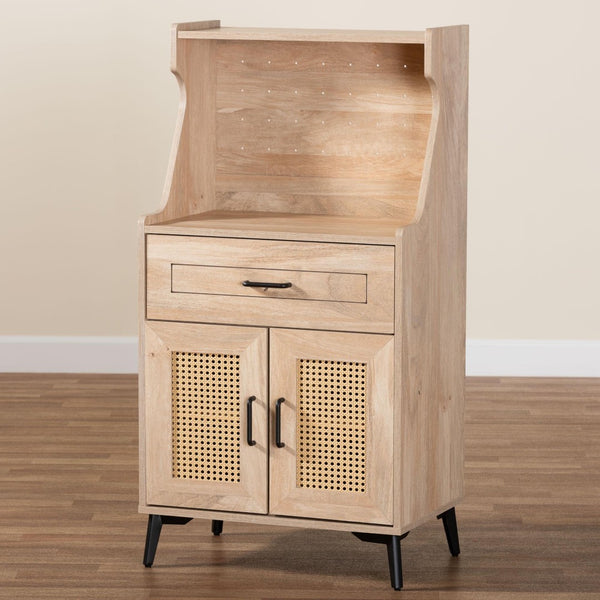 Baxton Studio Baxton Studio Pavone Mid-Century Modern Kitchen Cabinet with Rattan Accents & Stylish Storage Solutions FP-2402-2001B-Natural/Black-Kitchen Cabinet