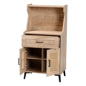 Baxton Studio Baxton Studio Pavone Mid-Century Modern Kitchen Cabinet with Rattan Accents & Stylish Storage Solutions FP-2402-2001B-Natural/Black-Kitchen Cabinet