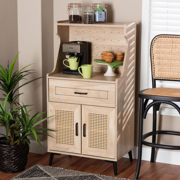 Baxton Studio Baxton Studio Pavone Mid-Century Modern Kitchen Cabinet with Rattan Accents & Stylish Storage Solutions FP-2402-2001B-Natural/Black-Kitchen Cabinet
