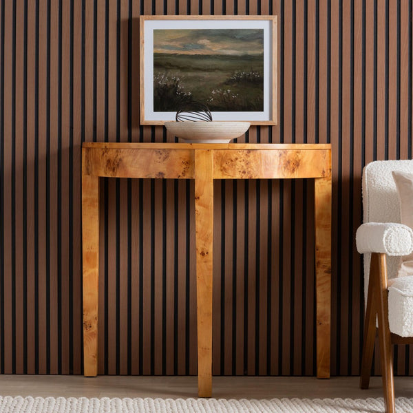 Baxton Studio bali Jihan Half-Moon Console Table - Unique Handcrafted Natural Burl Wood for Modern Spaces KL-1593-Natural Burl Op1-Jihan-Console Table-BOXED