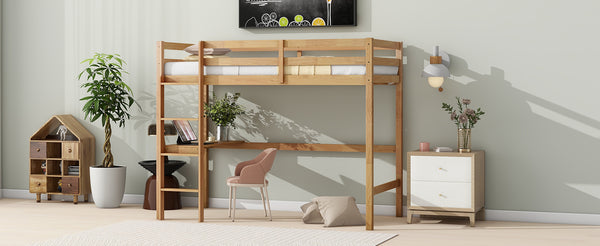 English Elm Twin High Loft Bed with Built-In Desk and Ladder — Space-Saving Rubberwood Study & Sleep Solution White Oak W504P206980