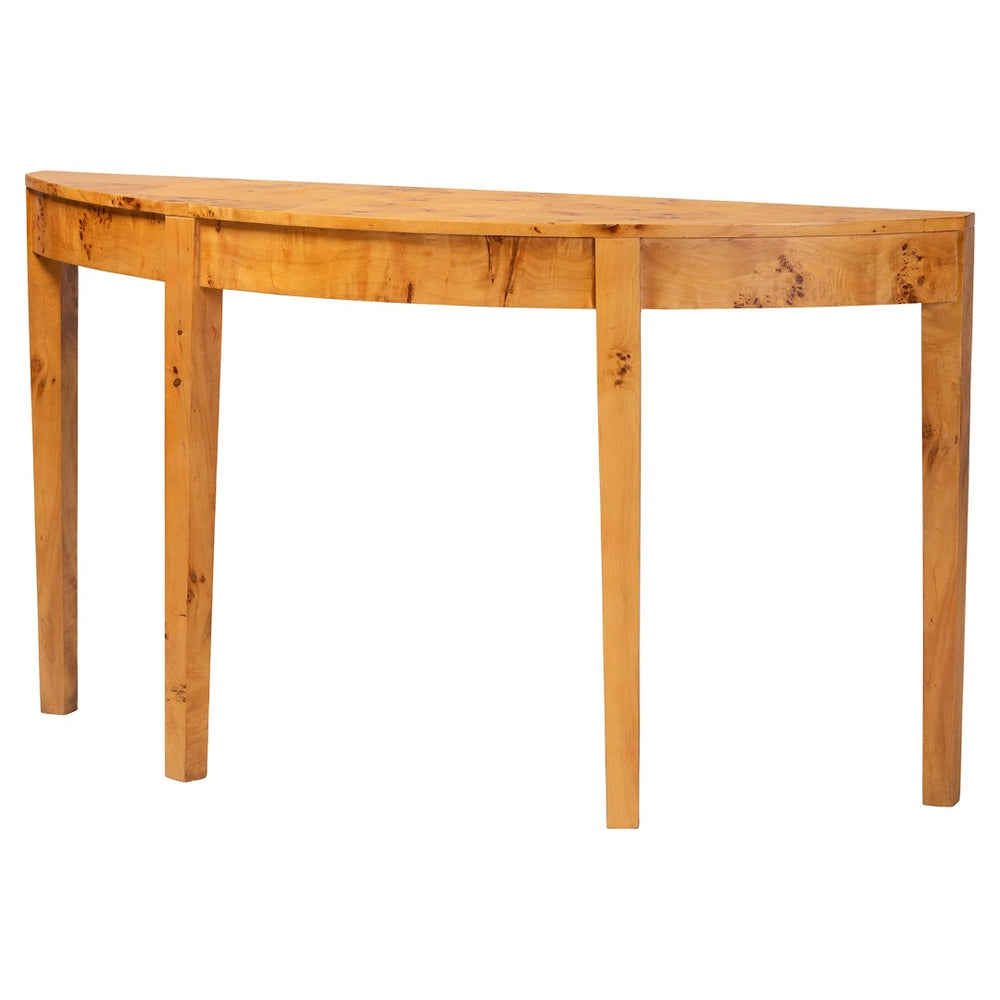 Baxton Studio bali Jihan Half-Moon Console Table - Handcrafted Natural Burl Wood, Modern Elegance for Your Home KL-1594-Natural Burl Op1-Mina-Console Table-BOXED