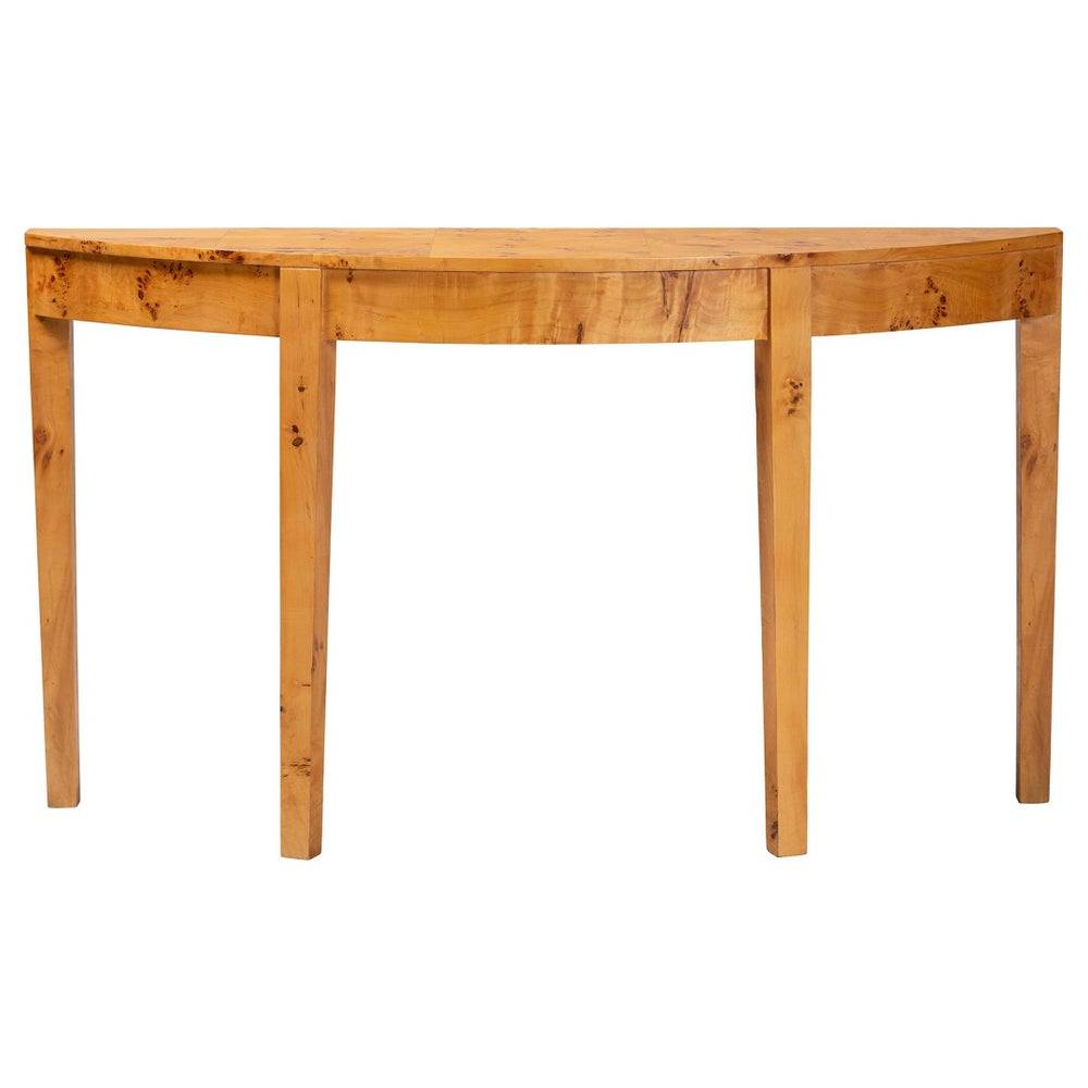 Baxton Studio bali Jihan Half-Moon Console Table - Handcrafted Natural Burl Wood, Modern Elegance for Your Home KL-1594-Natural Burl Op1-Mina-Console Table-BOXED