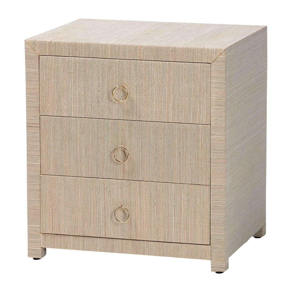 Baxton Studio Bali & Pari Quinn Bohemian Woven Natural Grasscloth 3-drawer Nightstand Natural,Gold Mendong Grasscloth (Outer Layer),Mdf Quinn-natural Woven Grasscloth-3dr-ns