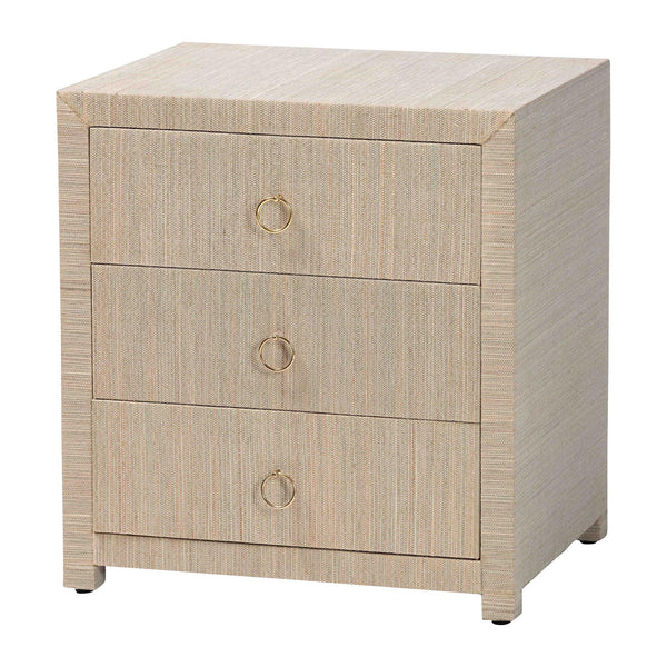 Baxton Studio Bali & Pari Quinn Bohemian Woven Natural Grasscloth 3-drawer Nightstand Natural,Gold Mendong Grasscloth (Outer Layer),Mdf Quinn-natural Woven Grasscloth-3dr-ns