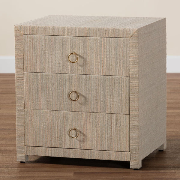 Baxton Studio Bali & Pari Quinn Bohemian Woven Natural Grasscloth 3-drawer Nightstand Natural,Gold Mendong Grasscloth (Outer Layer),Mdf Quinn-natural Woven Grasscloth-3dr-ns