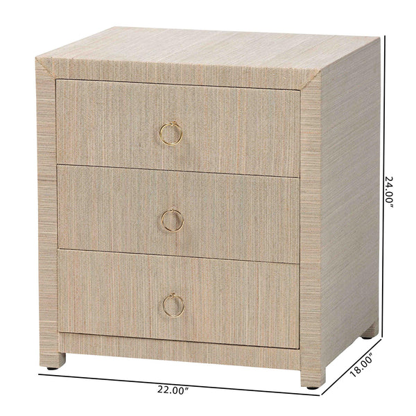 Baxton Studio Bali & Pari Quinn Bohemian Woven Natural Grasscloth 3-drawer Nightstand Natural,Gold Mendong Grasscloth (Outer Layer),Mdf Quinn-natural Woven Grasscloth-3dr-ns
