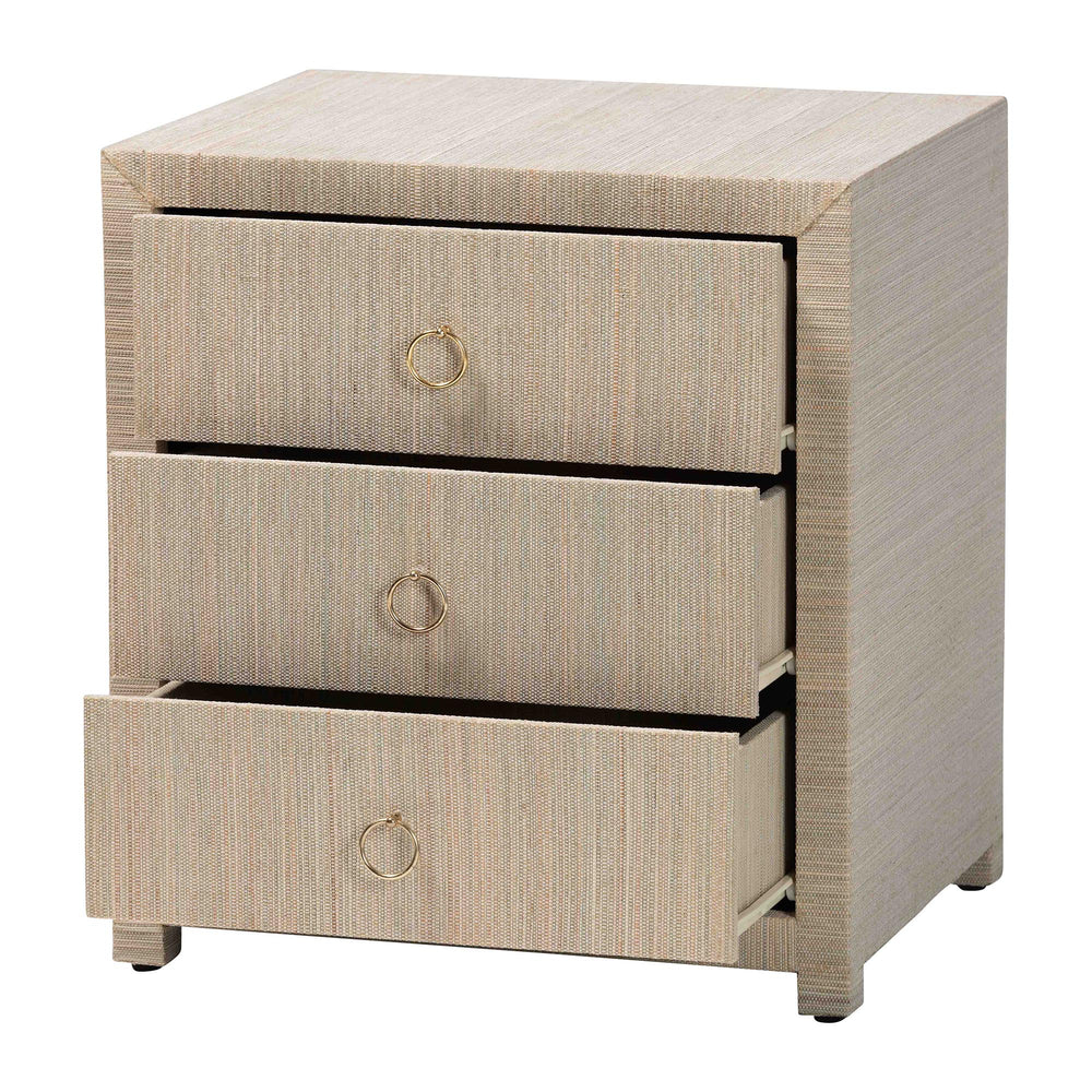 Baxton Studio Bali & Pari Quinn Bohemian Woven Natural Grasscloth 3-drawer Nightstand Natural,Gold Mendong Grasscloth (Outer Layer),Mdf Quinn-natural Woven Grasscloth-3dr-ns