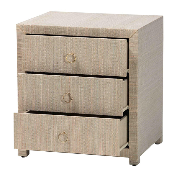Baxton Studio Bali & Pari Quinn Bohemian Woven Natural Grasscloth 3-drawer Nightstand Natural,Gold Mendong Grasscloth (Outer Layer),Mdf Quinn-natural Woven Grasscloth-3dr-ns