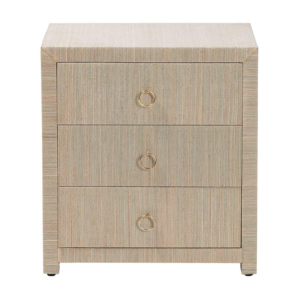 Baxton Studio Bali & Pari Quinn Bohemian Woven Natural Grasscloth 3-drawer Nightstand Natural,Gold Mendong Grasscloth (Outer Layer),Mdf Quinn-natural Woven Grasscloth-3dr-ns