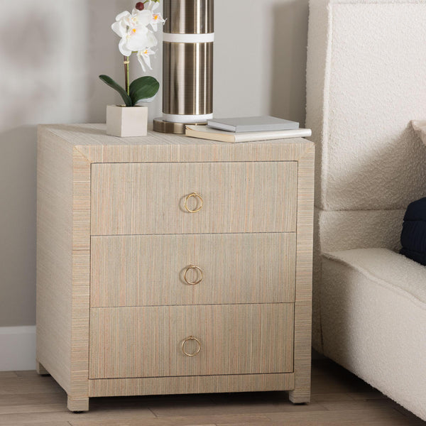 Baxton Studio Bali & Pari Quinn Bohemian Woven Natural Grasscloth 3-drawer Nightstand Natural,Gold Mendong Grasscloth (Outer Layer),Mdf Quinn-natural Woven Grasscloth-3dr-ns