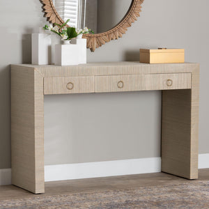 Baxton Studio Bali & Pari Cielo Bohemian Woven Natural Grasscloth 3-drawer Console Table Natural,Gold Mendong Grasscloth (Outer Layer),Mdf Cielo-natural Woven Grasscloth-console Table