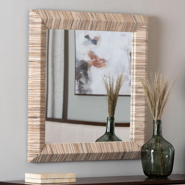 Baxton Studio bali Adino Bohemian Woven Grasscloth Accent Mirror - Handcrafted Rustic Charm for Any Room Rectangle Adino-Waterhyacinth-Wide Small-Mirror