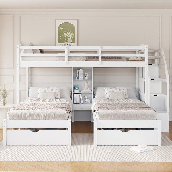 English Elm Twin Triple Bunk Bed White Pine Frame with Staircase Storage Drawers and Built Shelves GX000324AAK-1