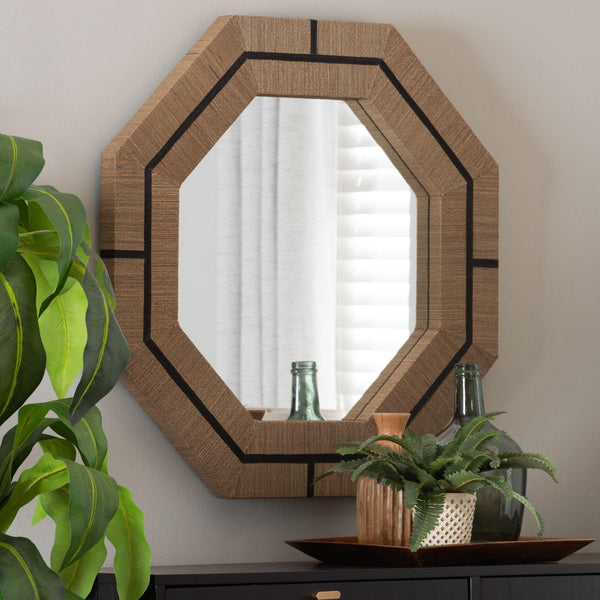 Baxton Studio bali Mirai Bohemian Woven Grasscloth Accent Mirror – Handcrafted Coastal Charm for Your Decor Octagon Grasscloth Mendong Black-Octagon-Mirror