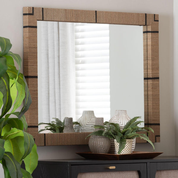 Baxton Studio bali Mirai Bohemian Woven Grasscloth Accent Mirror – Handcrafted Coastal Charm for Your Decor Rectangle Grasscloth Mendong Black-Rectangle-Mirror