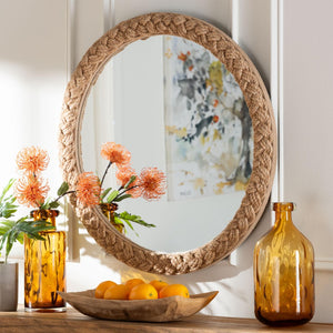 Baxton Studio bali Shara Coastal Braided Rope Accent Mirror – Handcrafted Elegance for Living Room & Bathroom Decor Natural Rope-Round Braided Rope-Mirror