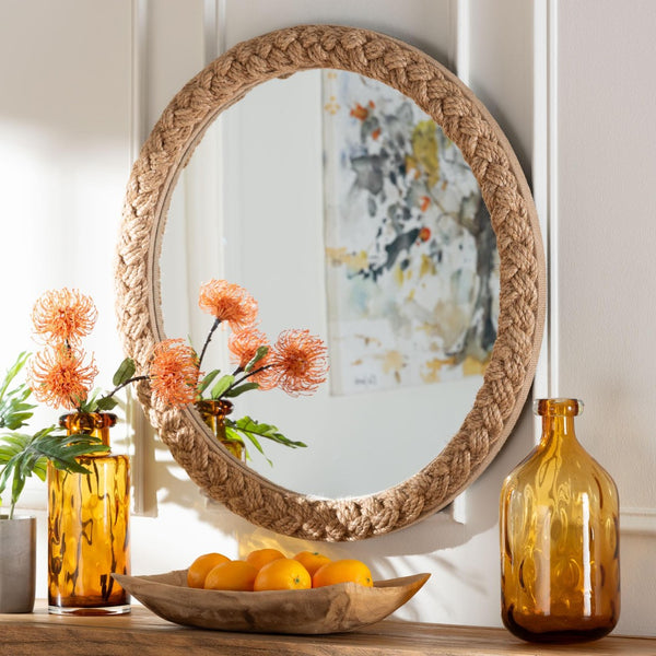 Baxton Studio bali Shara Coastal Braided Rope Accent Mirror – Handcrafted Elegance for Living Room & Bathroom Decor Natural Rope-Round Braided Rope-Mirror