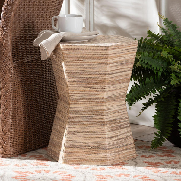 Baxton Studio bali Idana Bohemian Woven Grasscloth Hourglass End Table – Coastal Chic Accent for Any Space Natural Woven Mendong-Hexagon-ET