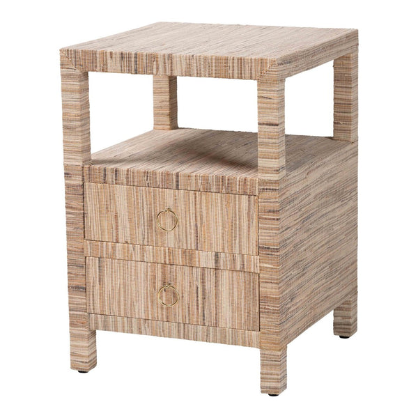 Baxton Studio bali Paine Bohemian Woven Grasscloth Nightstand with 2 Drawers & Open Shelf for Cozy Bedrooms Paine-Natural Woven Grasscloth-NS