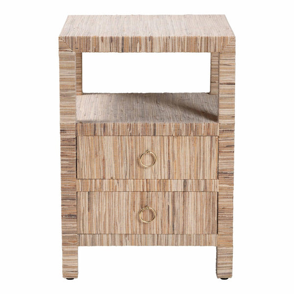 Baxton Studio bali Paine Bohemian Woven Grasscloth Nightstand with 2 Drawers & Open Shelf for Cozy Bedrooms Paine-Natural Woven Grasscloth-NS