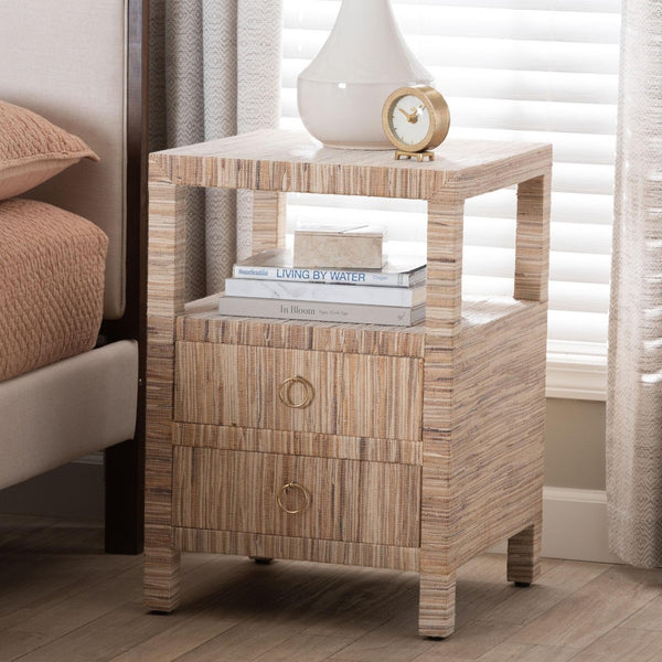 Baxton Studio bali Paine Bohemian Woven Grasscloth Nightstand with 2 Drawers & Open Shelf for Cozy Bedrooms Paine-Natural Woven Grasscloth-NS