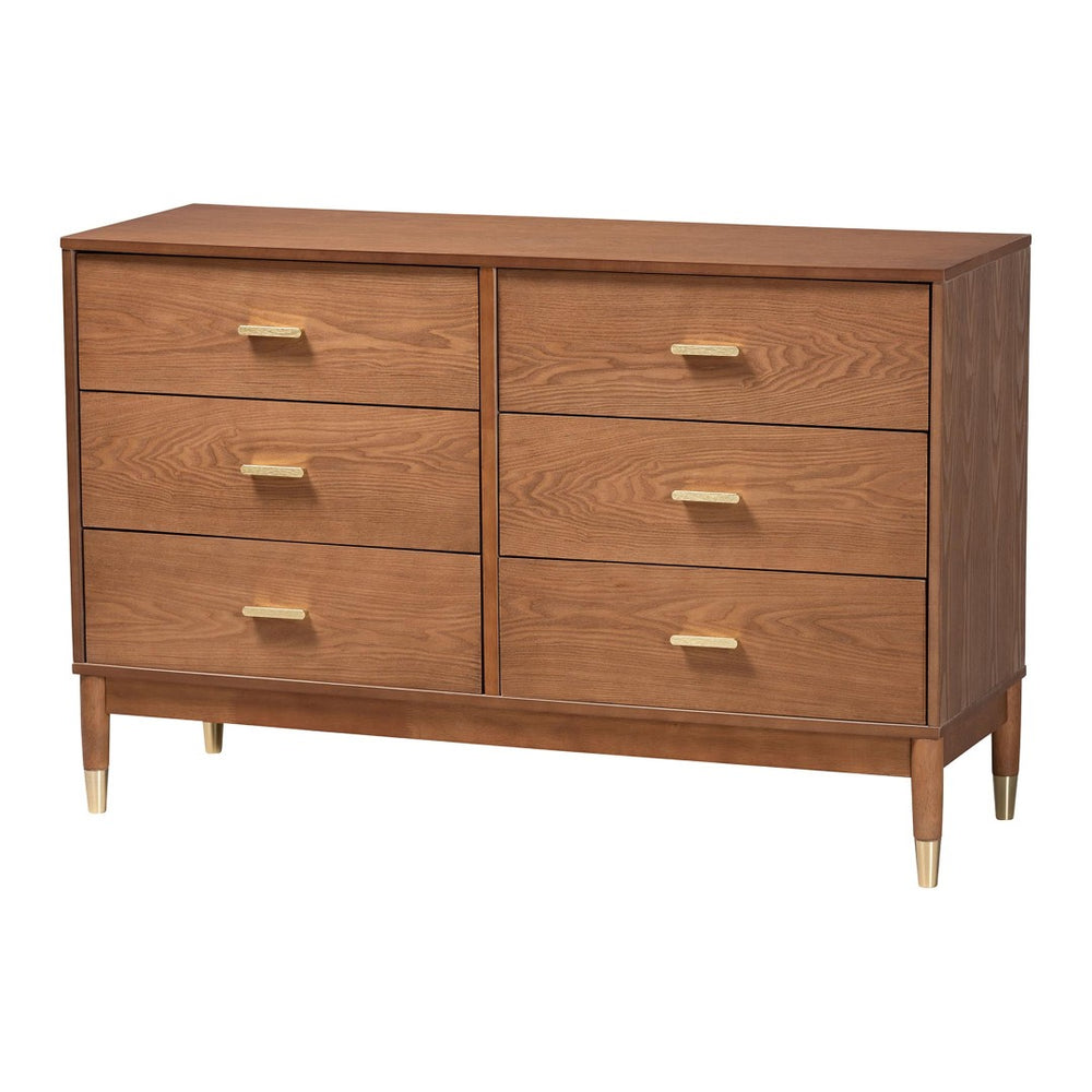 Baxton Studio Baxton Studio Mandolin 6-Drawer Dresser - Mid-Century Ash Walnut Wood Design for Stylish Storage MG9010-Ash Walnut/Gold-6DW-Dresser