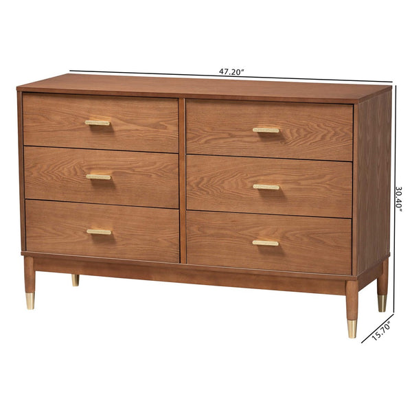 Baxton Studio Baxton Studio Mandolin 6-Drawer Dresser - Mid-Century Ash Walnut Wood Design for Stylish Storage MG9010-Ash Walnut/Gold-6DW-Dresser