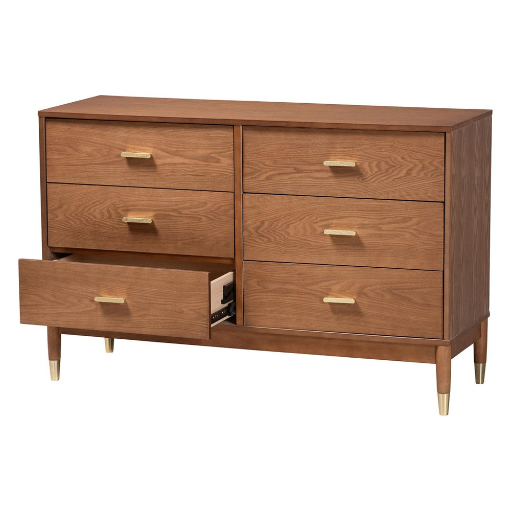 Baxton Studio Baxton Studio Mandolin 6-Drawer Dresser - Mid-Century Ash Walnut Wood Design for Stylish Storage MG9010-Ash Walnut/Gold-6DW-Dresser