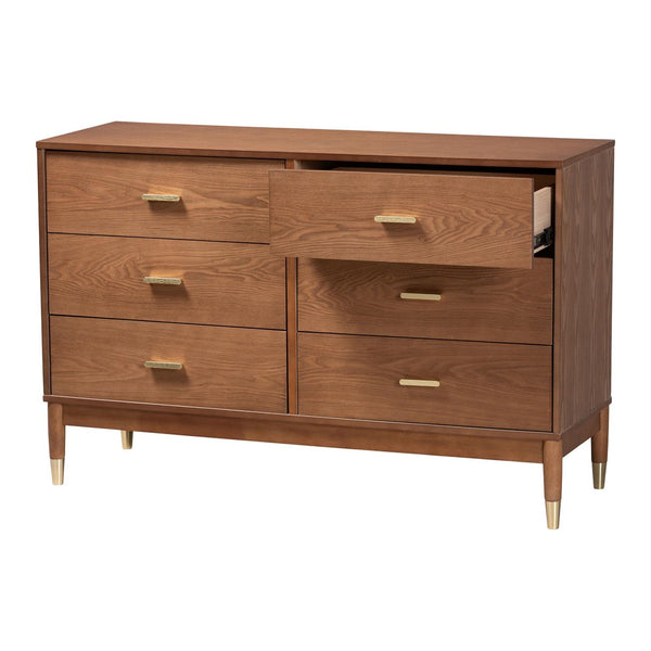 Baxton Studio Baxton Studio Mandolin 6-Drawer Dresser - Mid-Century Ash Walnut Wood Design for Stylish Storage MG9010-Ash Walnut/Gold-6DW-Dresser