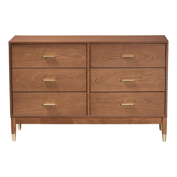 Baxton Studio Baxton Studio Mandolin 6-Drawer Dresser - Mid-Century Ash Walnut Wood Design for Stylish Storage MG9010-Ash Walnut/Gold-6DW-Dresser