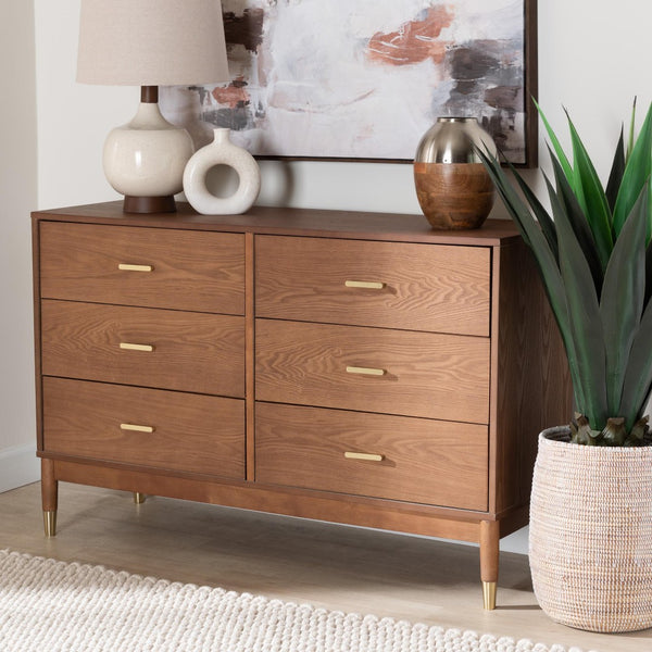 Baxton Studio Baxton Studio Mandolin 6-Drawer Dresser - Mid-Century Ash Walnut Wood Design for Stylish Storage MG9010-Ash Walnut/Gold-6DW-Dresser