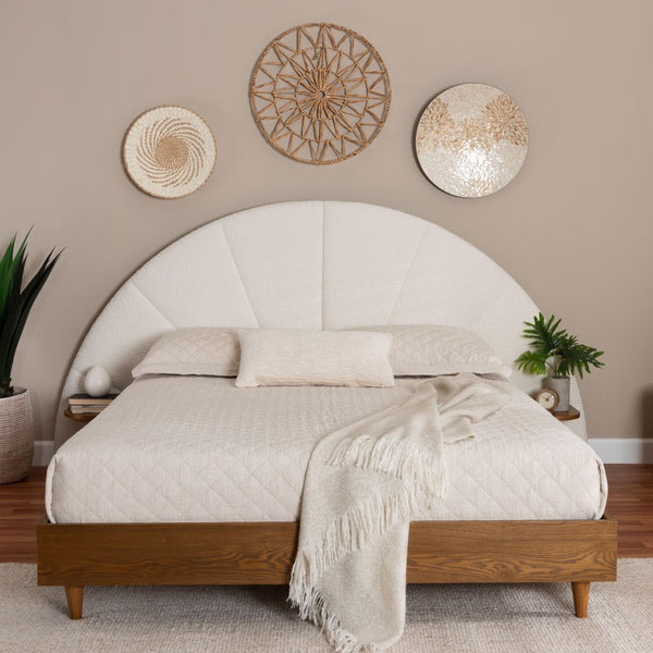 Baxton Studio Baxton Studio Bernice Japandi Cream Boucle Bed with Walnut Wood Shelving for Modern Bedrooms King BBT61266-Cream/Walnut-King