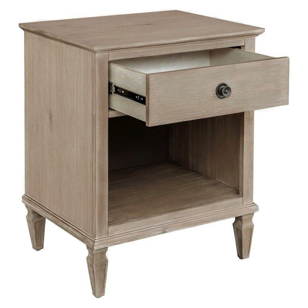 English Elm Victoria Nightstand — French Country Wire-Brushed Birch Veneer, Antique Silver Pulls, Glide Drawer, Shelf B03548937