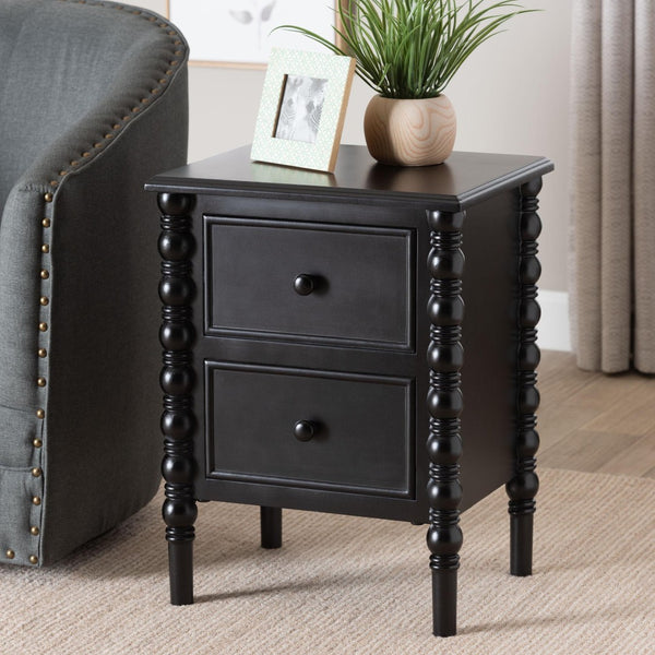 Baxton Studio Baxton Studio Malinda Classic Black Wood End Table with Elegant Spindle Legs and Ample Storage 2-drawer JY24A172-Black/Wooden-End Table
