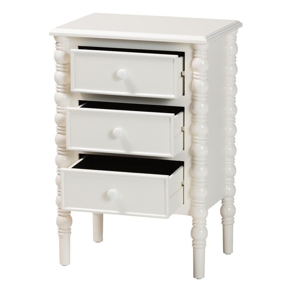 Baxton Studio Baxton Studio Malinda Classic White 3-Drawer End Table with Spindle Legs for Elegant Storage Solutions JY24A173-Off White/Wooden-End Table