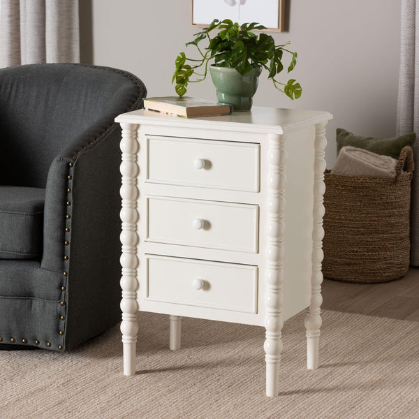Baxton Studio Baxton Studio Malinda Classic White 3-Drawer End Table with Spindle Legs for Elegant Storage Solutions JY24A173-Off White/Wooden-End Table