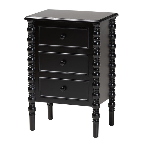 Baxton Studio Baxton Studio Malinda Classic Black Wood End Table with Elegant Spindle Legs and Ample Storage 3-drawer JY24A173-Black/Wooden-End Table
