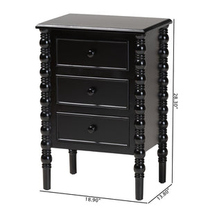 Baxton Studio Baxton Studio Malinda Classic Black Wood End Table with Elegant Spindle Legs and Ample Storage 3-drawer JY24A173-Black/Wooden-End Table