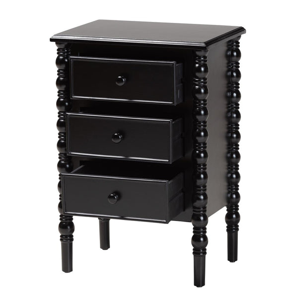 Baxton Studio Baxton Studio Malinda Classic Black Wood End Table with Elegant Spindle Legs and Ample Storage 3-drawer JY24A173-Black/Wooden-End Table