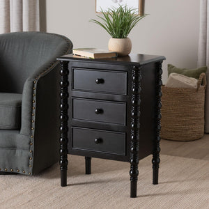 Baxton Studio Baxton Studio Malinda Classic Black Wood End Table with Elegant Spindle Legs and Ample Storage 3-drawer JY24A173-Black/Wooden-End Table
