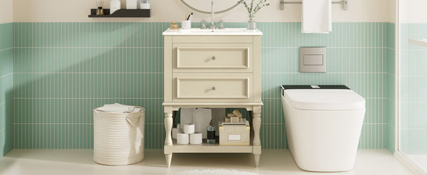 English Elm 24'' Retro Bathroom Vanity Mdf Cabinet with Ceramic Sink Open Shelf and 2 Drawers Beige N710P405414Y