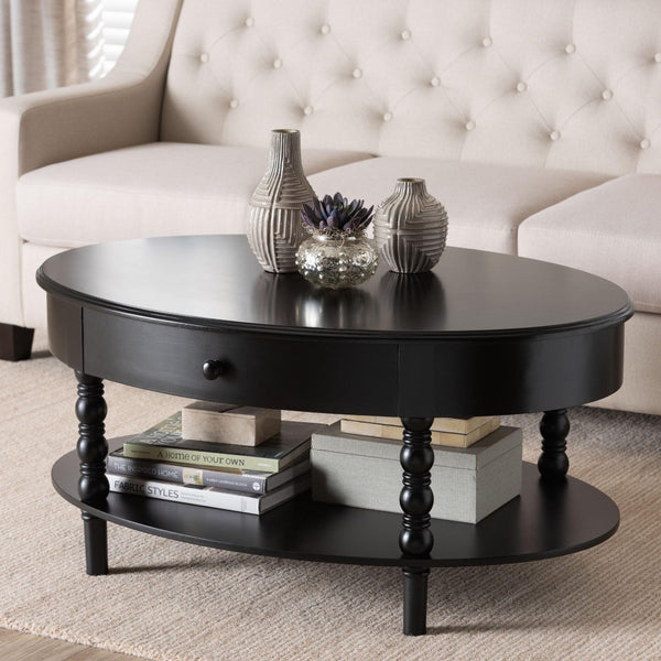 Baxton Studio Baxton Studio Malinda Elegant Black Wood Coffee Table with Drawer & Spindle Legs for Stylish Living JY24A179-Black/Wooden-Coffee Table