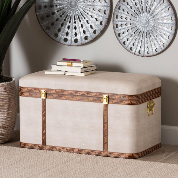 Baxton Studio Baxton Modern Transitional Beige Faux Shagreen Storage Trunk with Lift-Top for Stylish Organization JY24A092-Large-Beige/Shagreen-Storage Ottoman