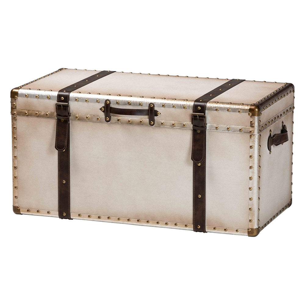 Baxton Studio Baxton Studio Nevio Vintage Canvas Storage Trunk – Stylish Bench & Organizer for Any Room Decor JY24A051-Large-White/Canvas-Storage Ottoman