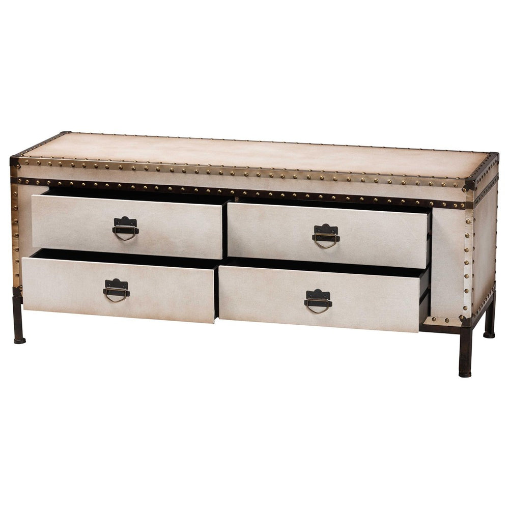 Baxton Studio Baxton Vintage Weathered White Canvas Storage Bench with 4 Drawers for Entryway & Bedroom Charm JY24A052-White/Canvas-Bench