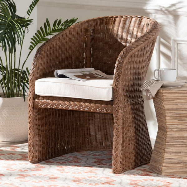 Baxton Studio bali Bali Bohemian Braided Rattan Arm Chair - Handcrafted Comfort & Style for Living Room or Patio Memphis-Peanut Brown/Rattan-CC