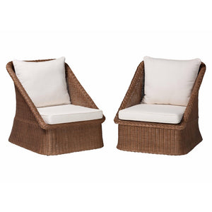 Baxton Studio bali Handcrafted Bohemian 2-Piece Braided Rattan Arm Chair Set with Plush Cushions for Comfort Derris-Peanut Brown/Rattan-CC-2pc Chair Set